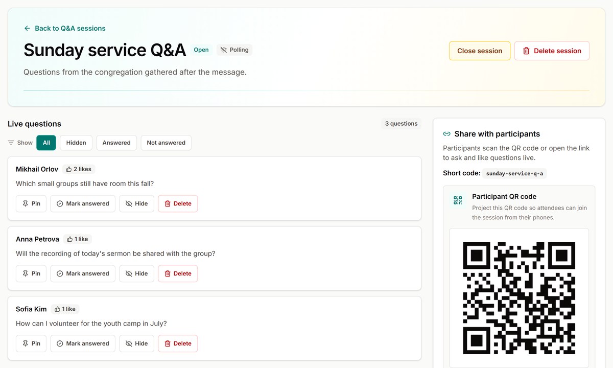 Gather Hub live Q&A console: audience questions sorted by likes, with the participant QR code panel